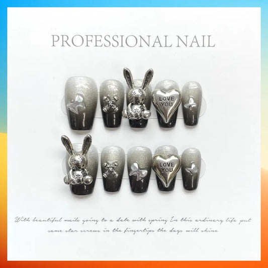 Wenston 3D Handmade Press On Nails Rabbit with Diamond Cross