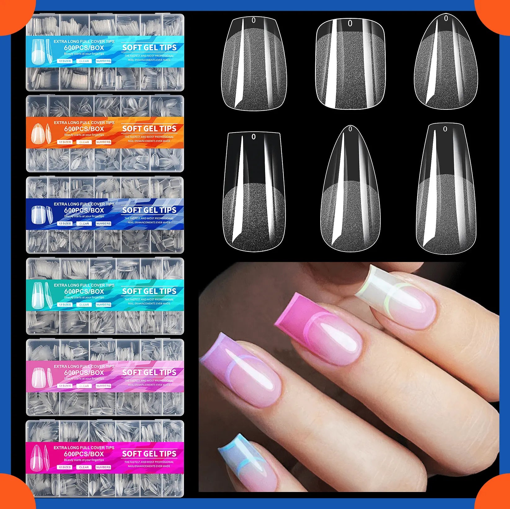 600 Pcs Soft Gel X Nail Tips Supplies Full Cover False Nail Tips