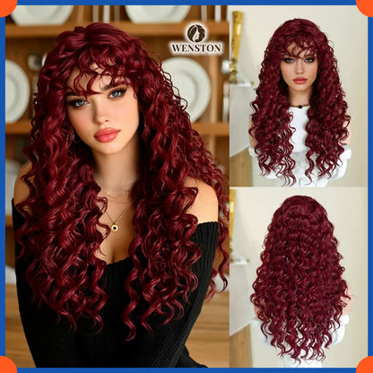 WENSTON Natural Black Long Curly Wig for African American Women