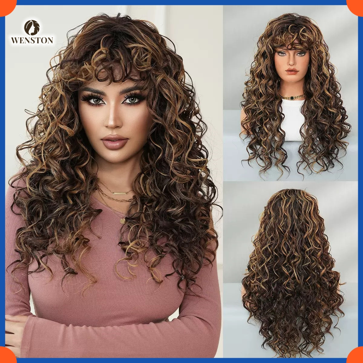 WENSTON Natural Black Long Curly Wig for African American Women