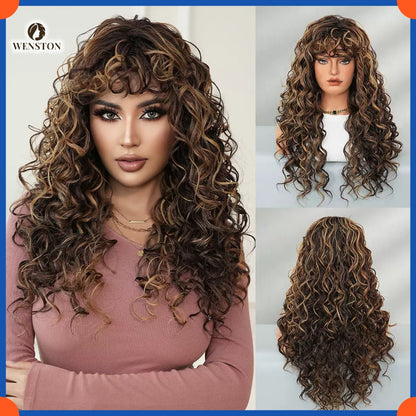 WENSTON Natural Black Long Curly Wig for African American Women