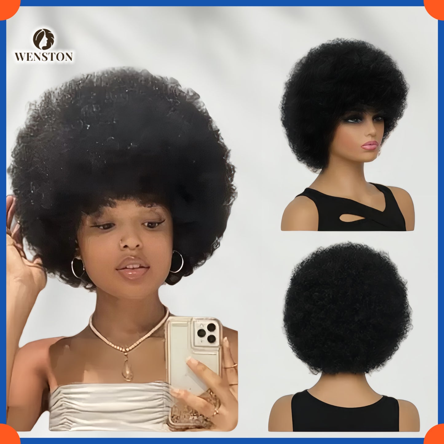 WENSTON Machine Made Scalp Top Afro Glueless Bob Wig - Human Hair