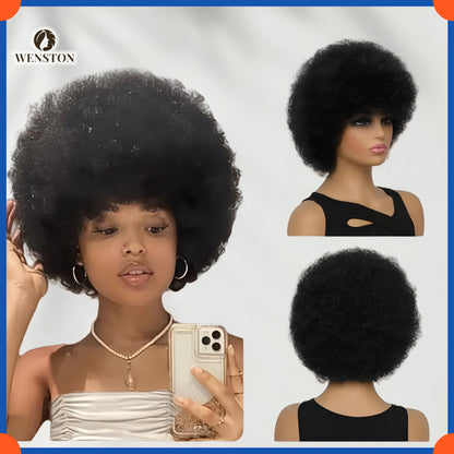 WENSTON Machine Made Scalp Top Afro Glueless Bob Wig - Human Hair