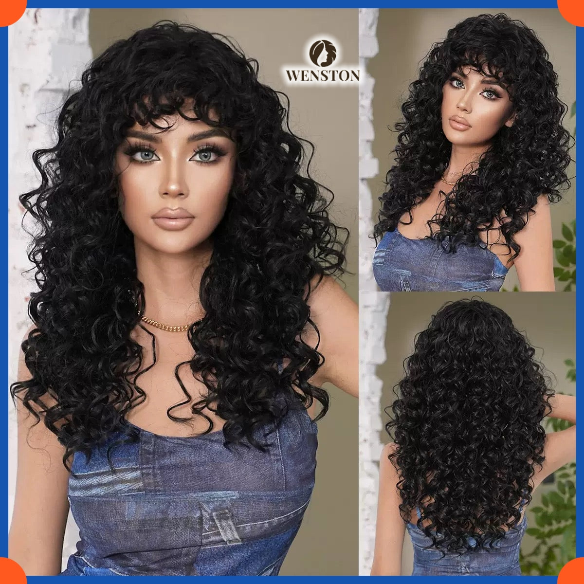 WENSTON Natural Black Long Curly Wig for African American Women