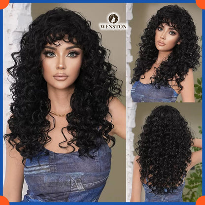 WENSTON Natural Black Long Curly Wig for African American Women