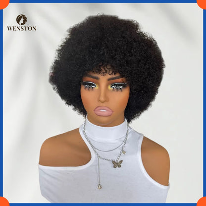WENSTON Machine Made Scalp Top Afro Glueless Bob Wig - Human Hair