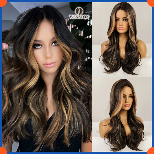 WENSTON Long Brown Wavy Wig for Women Ombre Brown Highlight Middle Part Wig