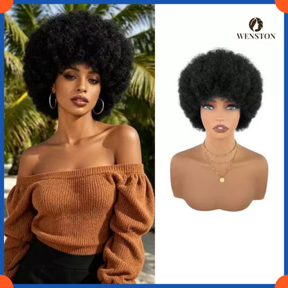 WENSTON Machine Made Scalp Top Afro Glueless Bob Wig - Human Hair
