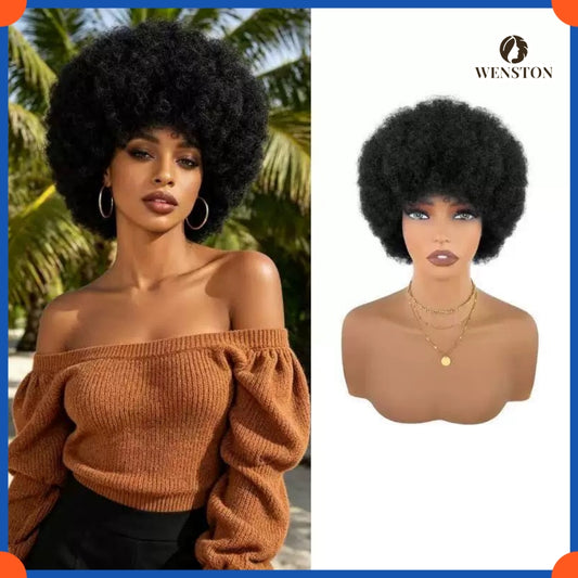 WENSTON Machine Made Scalp Top Afro Glueless Bob Wig - Human Hair
