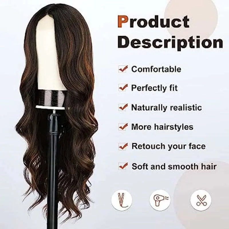 Long Brown Wavy Wigs for Women Ombre Brown Highlight Middle Part Wig