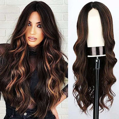 Long Brown Wavy Wigs for Women Ombre Brown Highlight Middle Part Wig