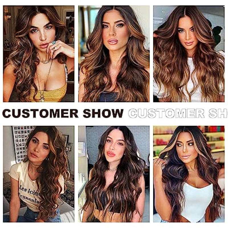 Long Brown Wavy Wigs for Women Ombre Brown Highlight Middle Part Wig