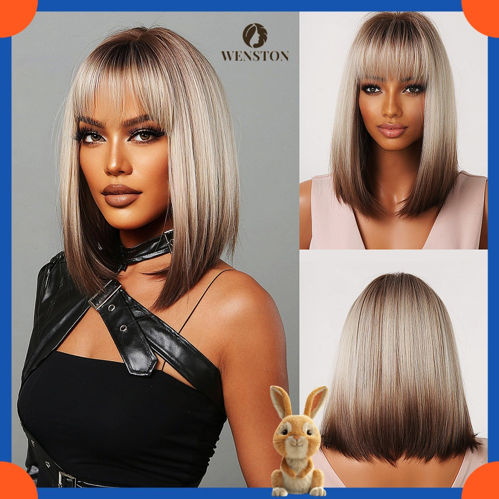 WENSTON European Fashion Women's Wig, Brown White Ombre