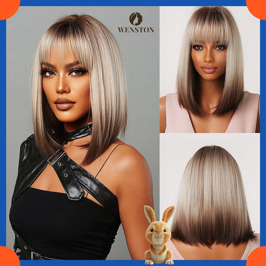 WENSTON European Fashion Women's Wig, Brown White Ombre