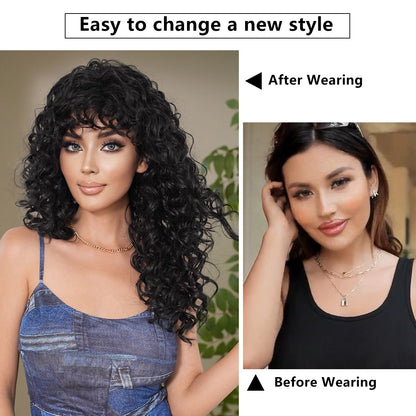 WENSTON Natural Black Long Curly Wig for African American Women