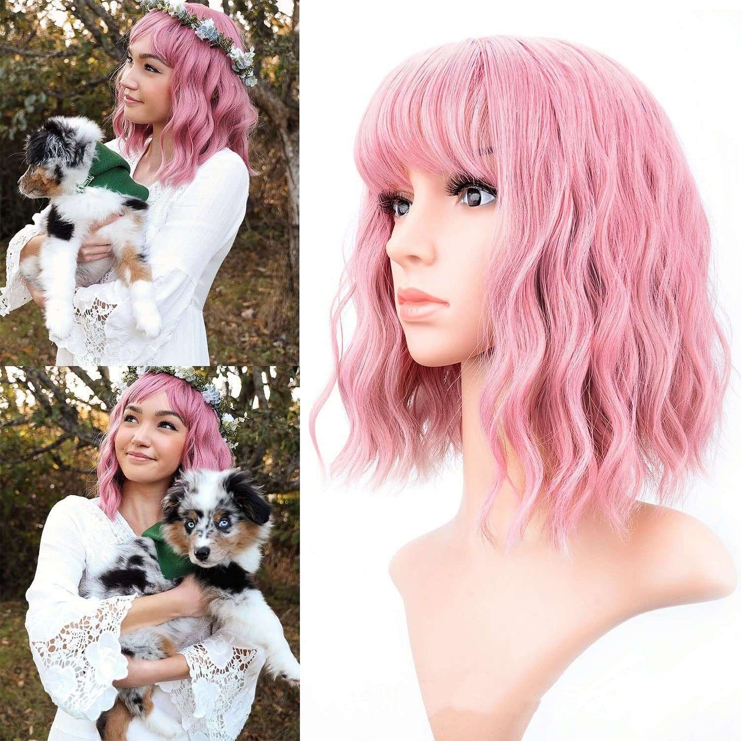 Pastel Wavy Wigs With Air Bangs Women's Short Synthetic Wigs