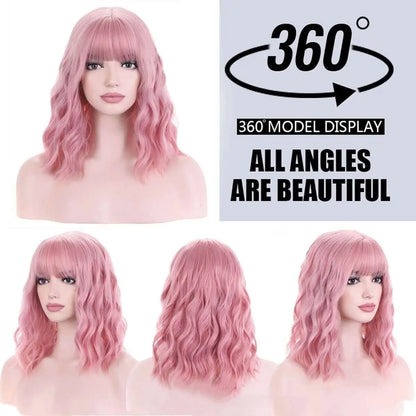 Pastel Wavy Wigs With Air Bangs Women's Short Synthetic Wigs