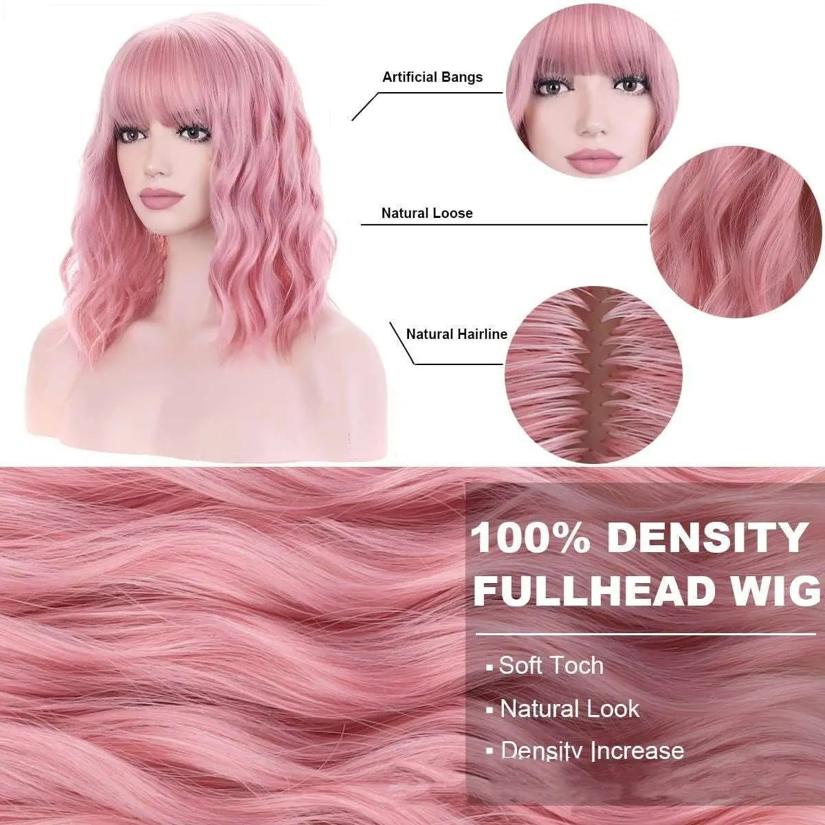 Pastel Wavy Wigs With Air Bangs Women's Short Synthetic Wigs