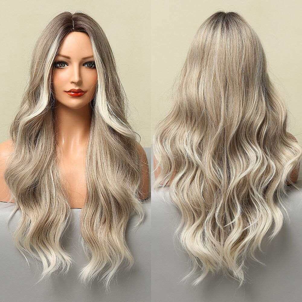 Ombre Blonde Wig Long Wavy Wig For Women Middle Part Wavy Wigs