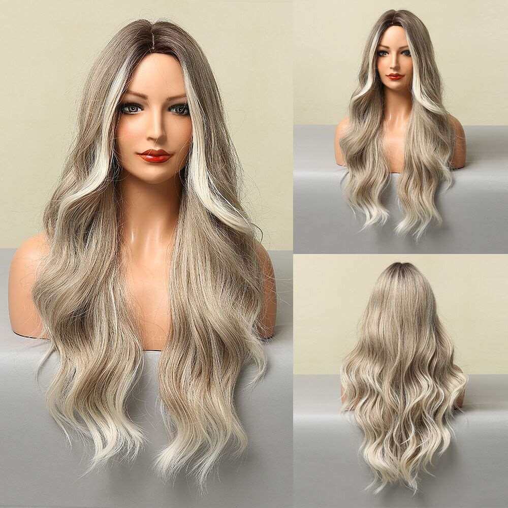 Ombre Blonde Wig Long Wavy Wig For Women Middle Part Wavy Wigs