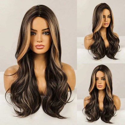 Long Brown Wavy Wigs for Women Ombre Brown Highlight Middle Part Wig