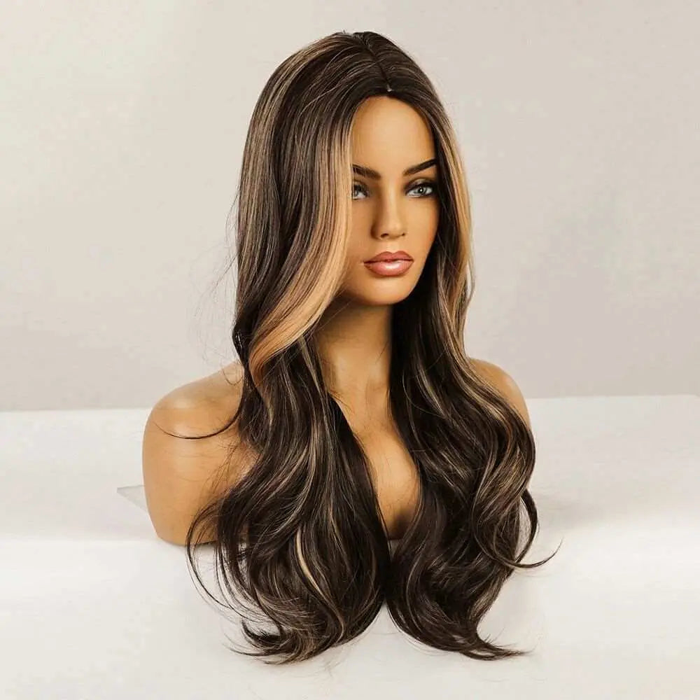 Long Brown Wavy Wigs for Women Ombre Brown Highlight Middle Part Wig