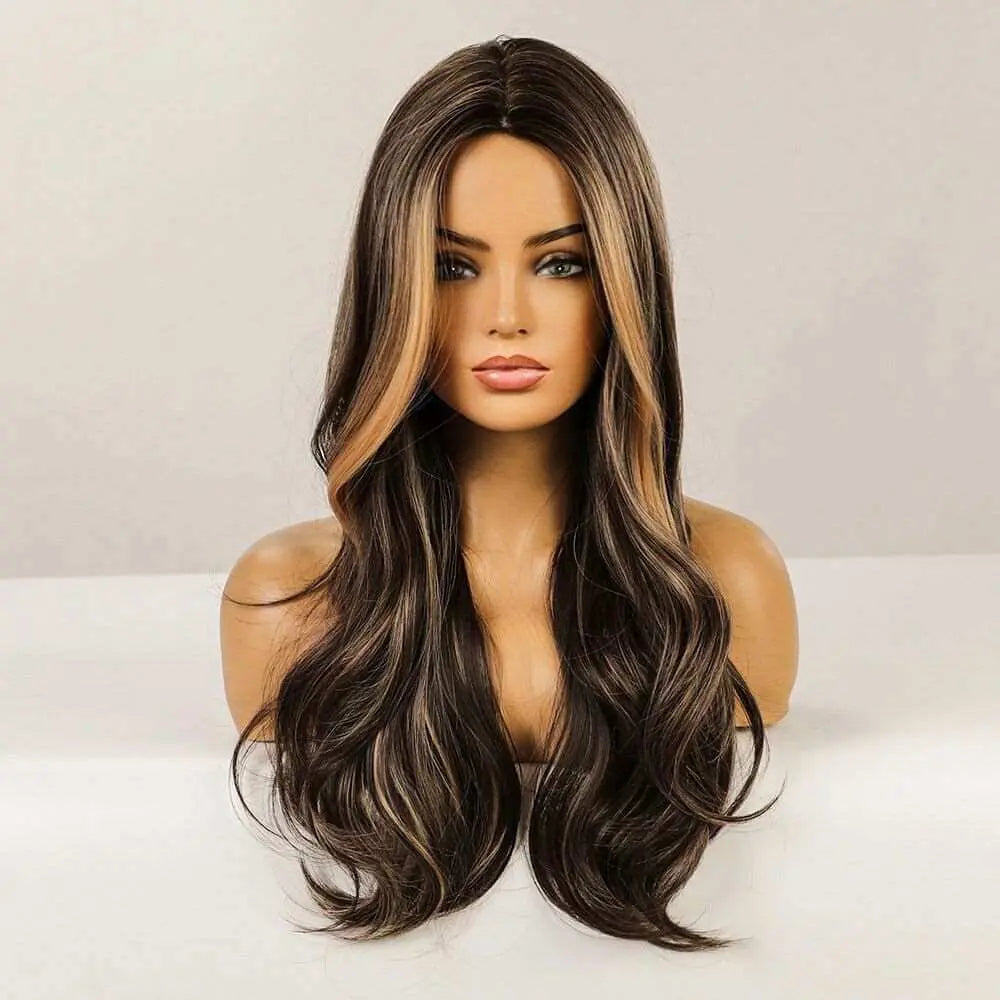 Long Brown Wavy Wigs for Women Ombre Brown Highlight Middle Part Wig