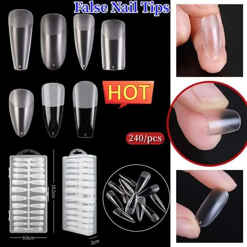 240Pcs/Bag Long False Nail Tips Natural Transparent Color Full Nails Tip