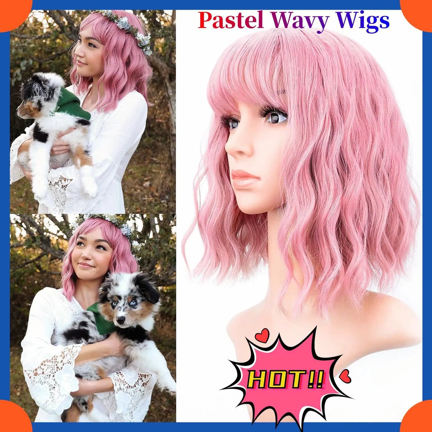 Pastel Wavy Wigs With Air Bangs