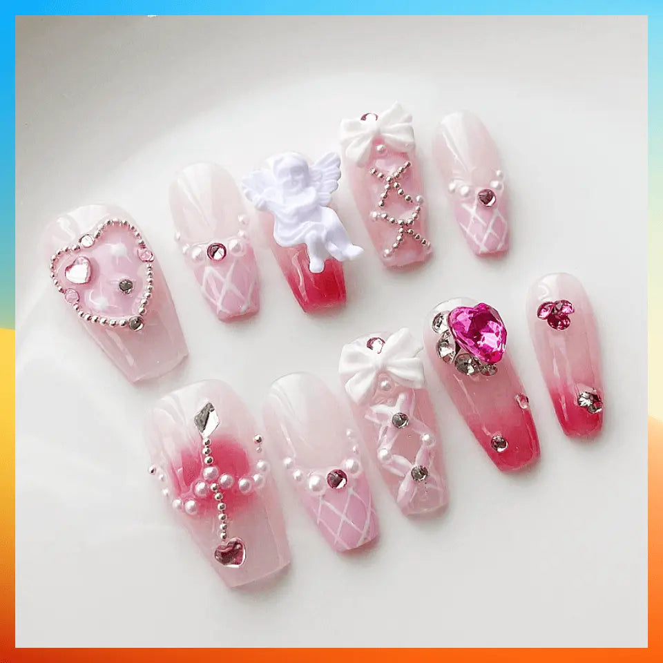 Wenston 3D Handmade Press On Nails With Angel Charms