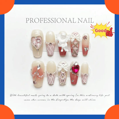 Wenston 3D Handmade Press On Nails With Angel Charms