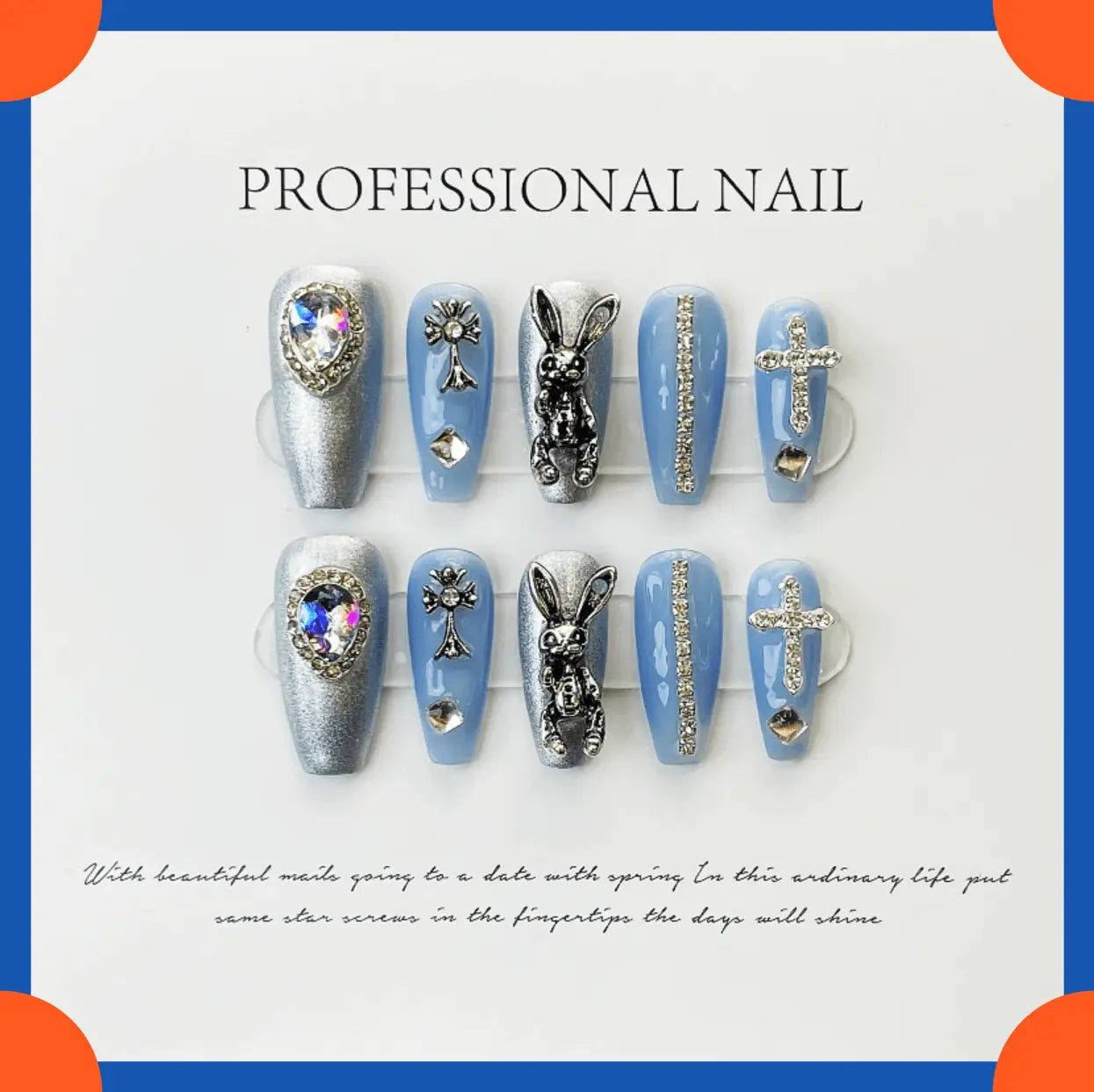 Wenston 3D Handmade press on nails Rabbit with Diamond Cross