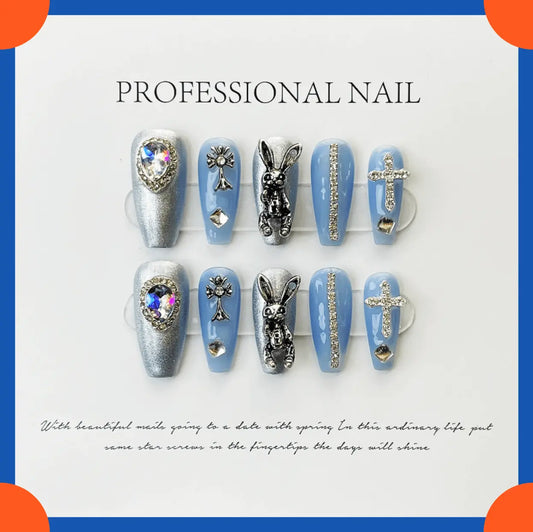 Wenston 3D Handmade press on nails Rabbit with Diamond Cross