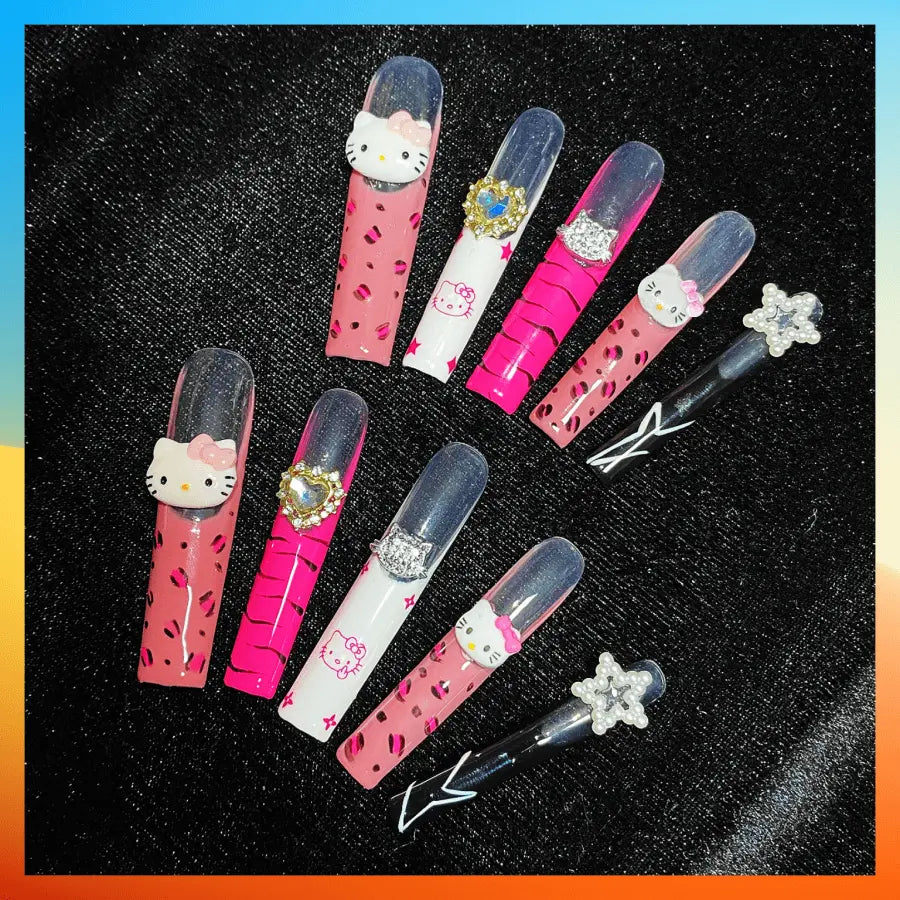 Wenston 5D Handmade Press On Nails Hello Kitty False Nails