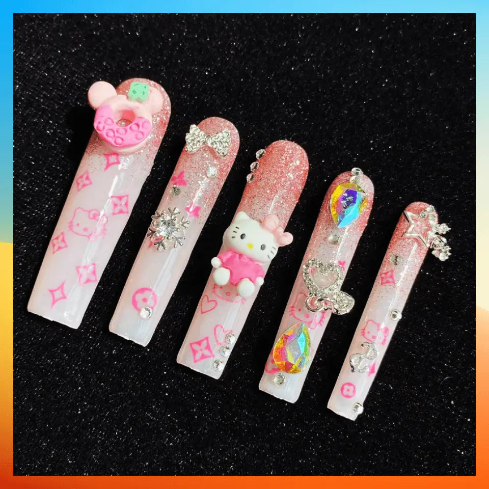 Wenston 5D Handmade Press On Nails Hello Kitty False Nails