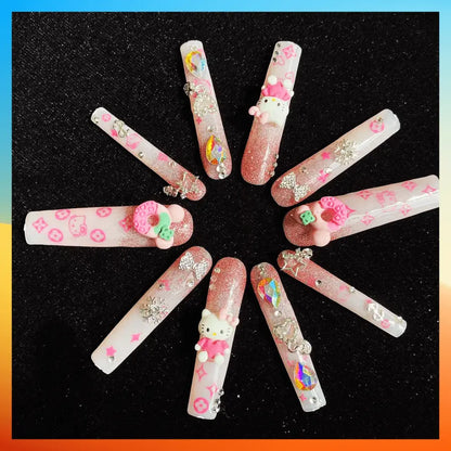 Wenston 5D Handmade Press On Nails Hello Kitty False Nails