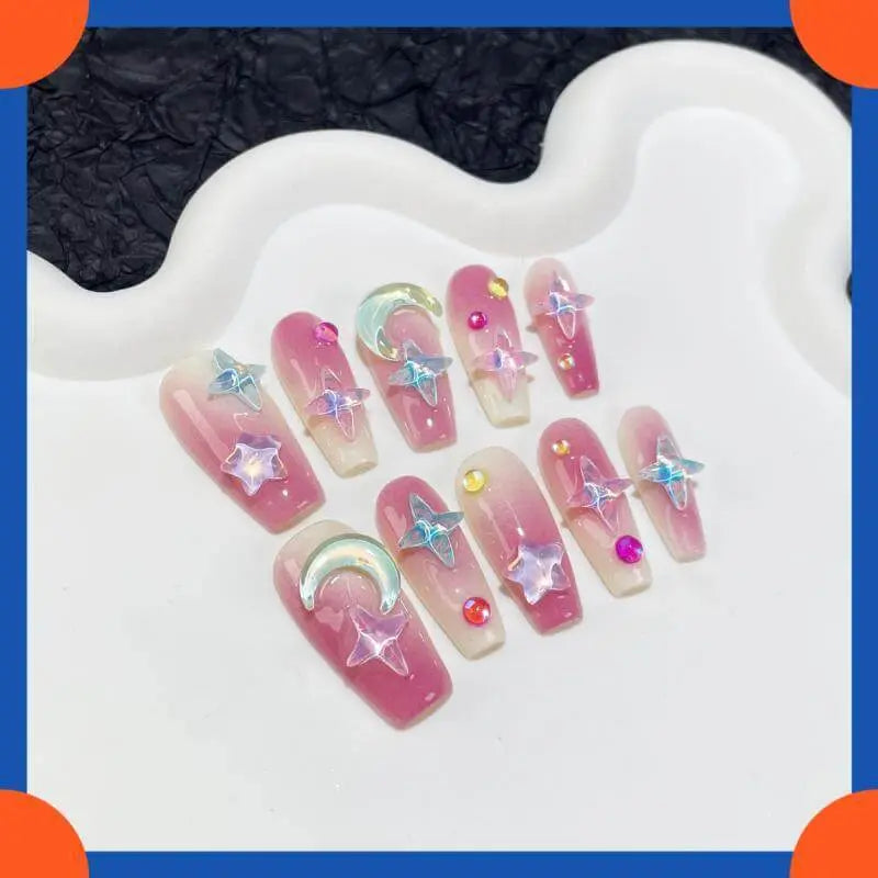 5D Handmade Press On Nails with Moon Stars Rhinestone Design False Nails