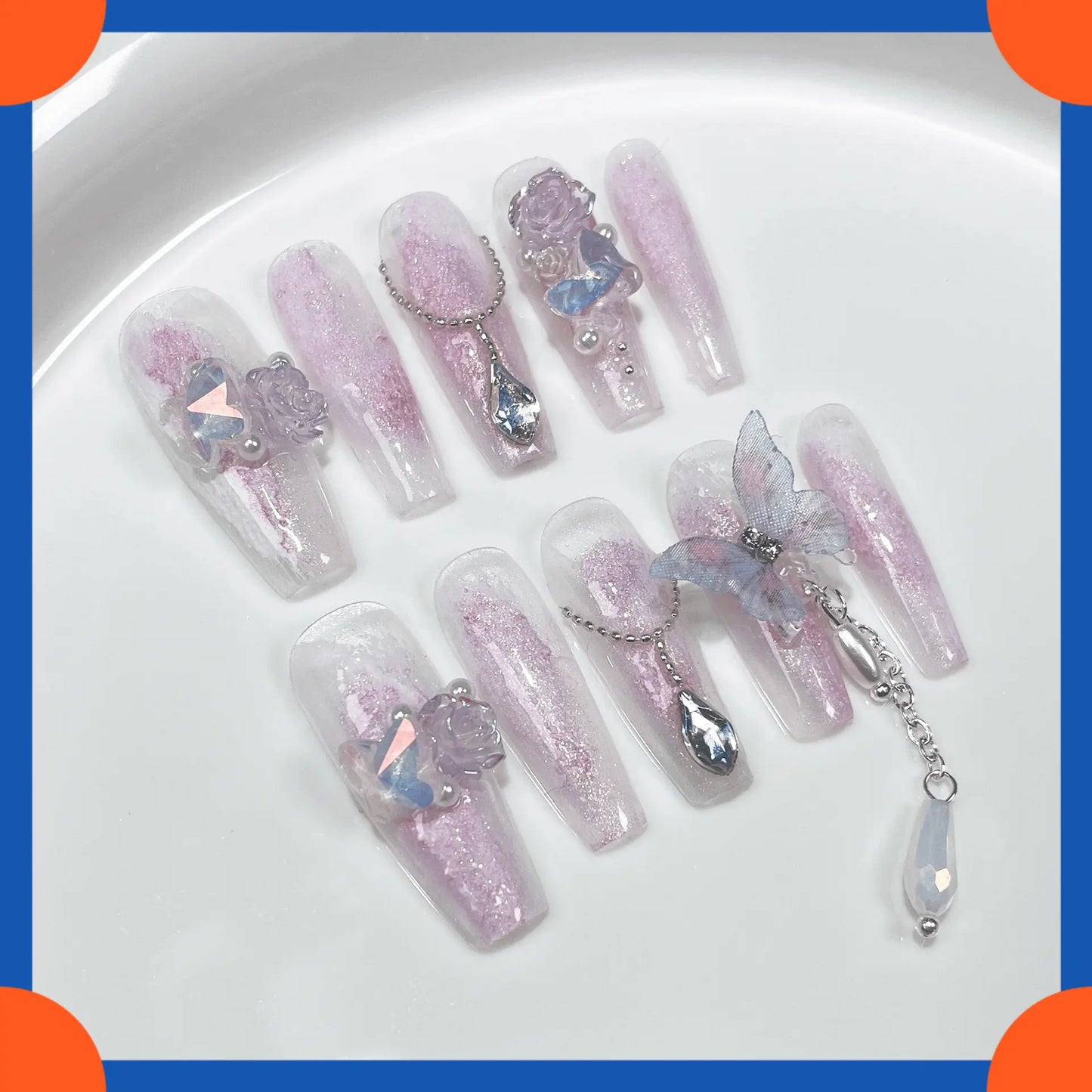 5D Handmade Press On Nails with Butterfly Design False Nails Pink