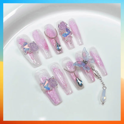 5D Handmade Press On Nails with Butterfly Design False Nails Pink