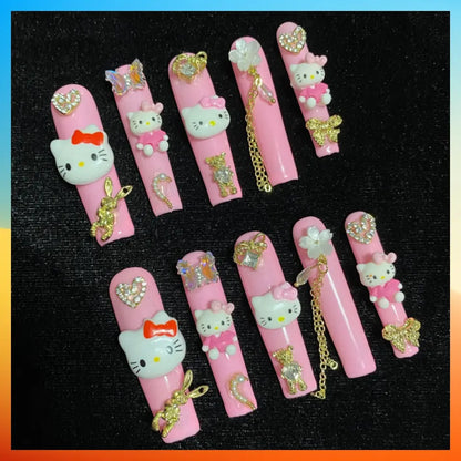 Wenston 5D Handmade Press On Nails Hello Kitty False Nails