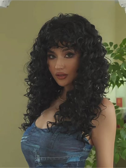 WENSTON Natural Black Long Curly Wig for African American Women