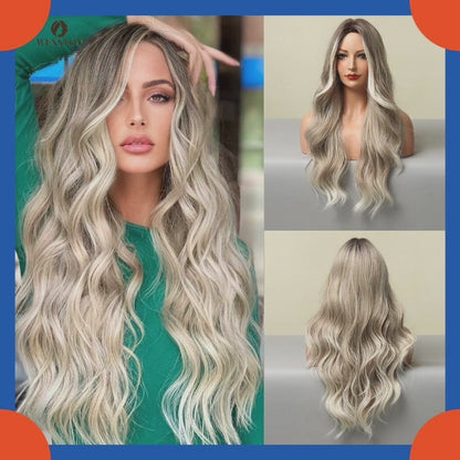 Ombre Blonde Wig Long Wavy Wig For Women Middle Part Wavy Wigs